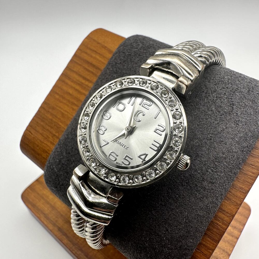 Charming Charlie Women's Silver Quartz Cuff Watch with Rhinestone Bezel